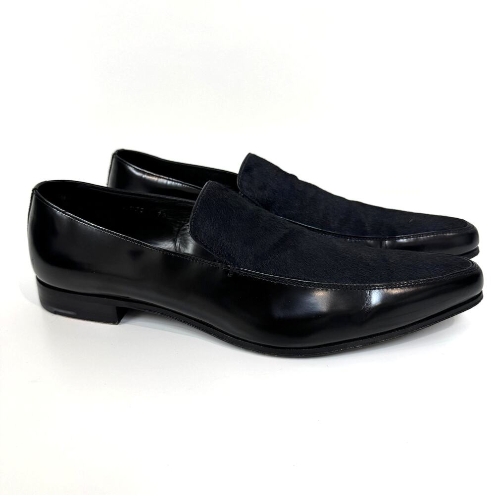 PRADA Black Patent Leather Combination Calf Hair Point Toe Loafer 10 Pony Shoes - Picture 2 of 7